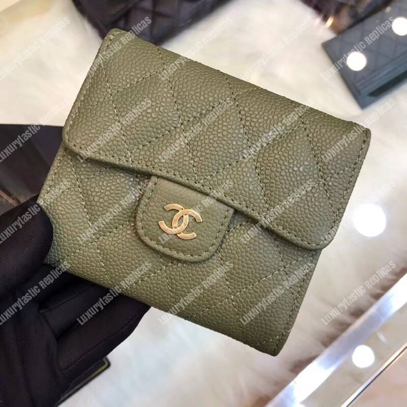 Ch*el classic small flap wallet green