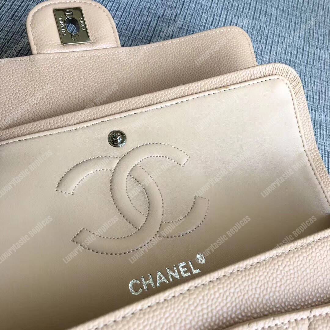 Ch*el medium classic handbag beige silver-tone metal