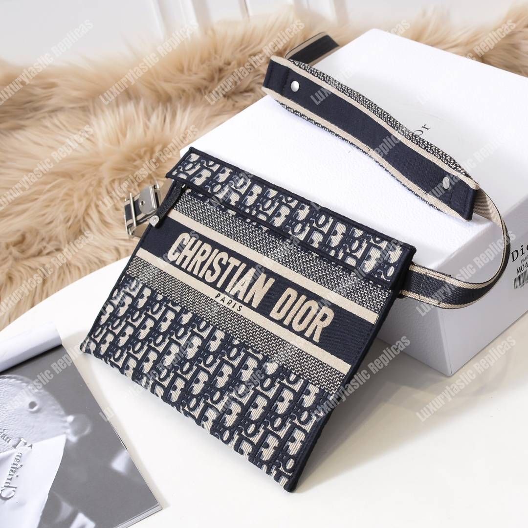 D*or blue oblique embroidered canvas clutch