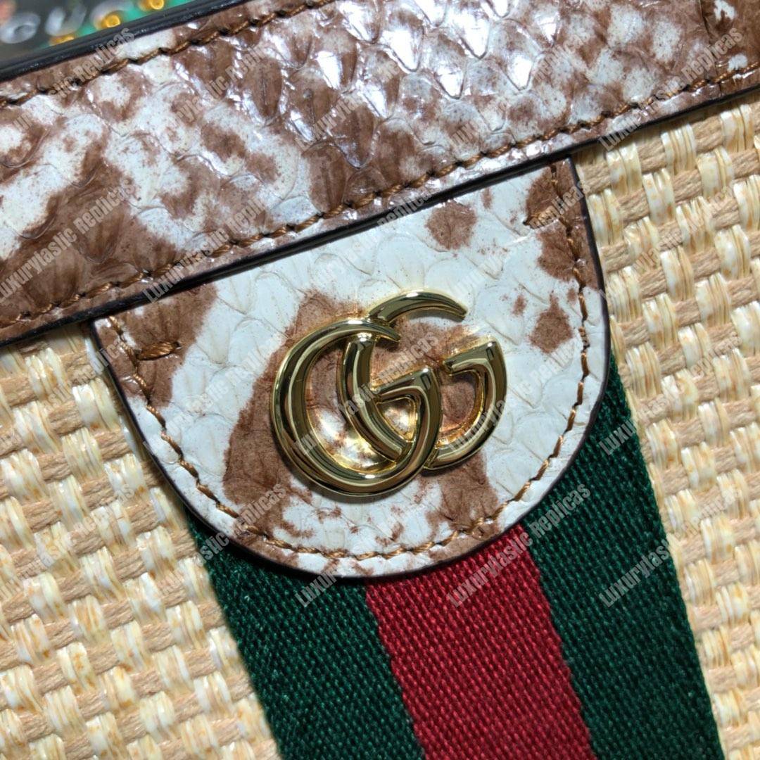 G*u*i online exclusive ophidia straw small shoulder bag cream & brown snakeskin trim