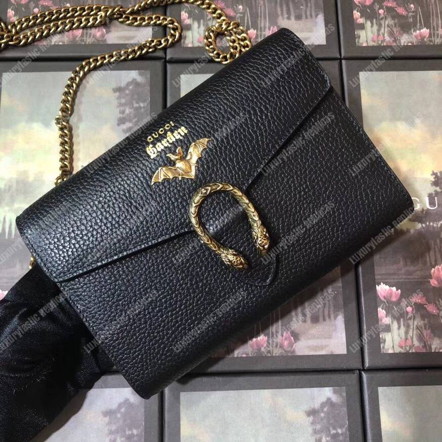 G*u*i calfskin garden dionysus chain wallet black with bat
