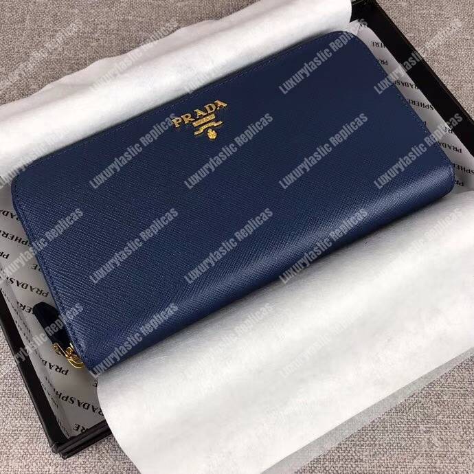 Pra*a large saffiano leather wallet blue gold hardware