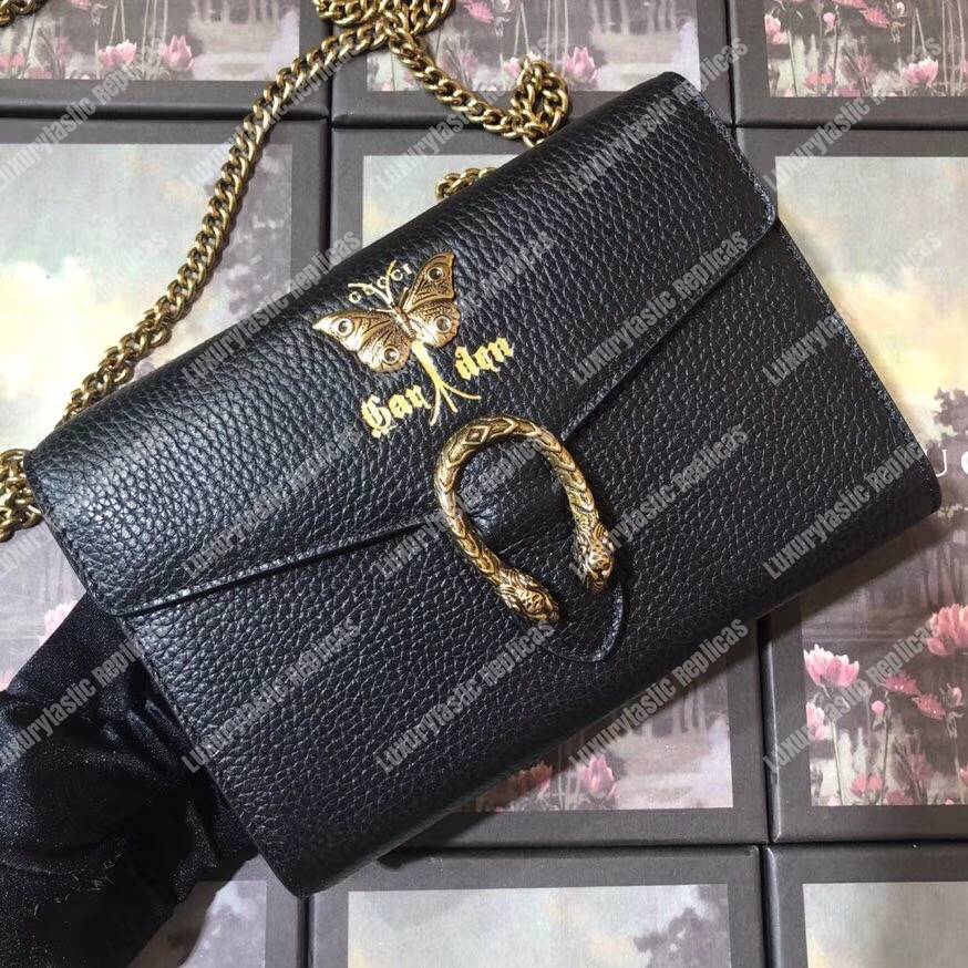 G*u*i calfskin garden dionysus chain wallet black with butterfly