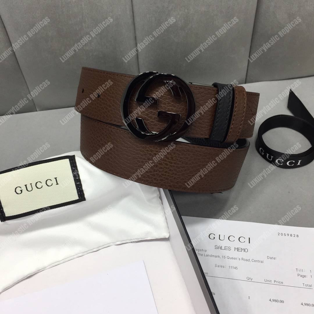 G*u*i leather belt with interlocking g buckle brown