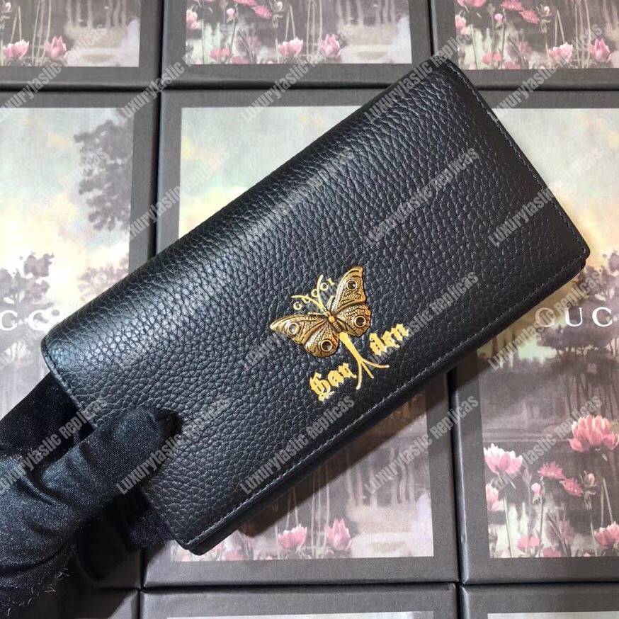 G*u*i garden leather continental wallet black with butterfly