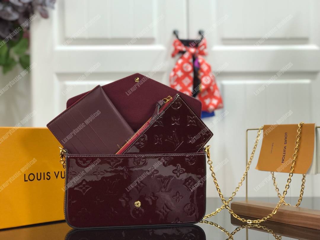 LV Pochette Felicie Monogram Vernis Leather Amarante