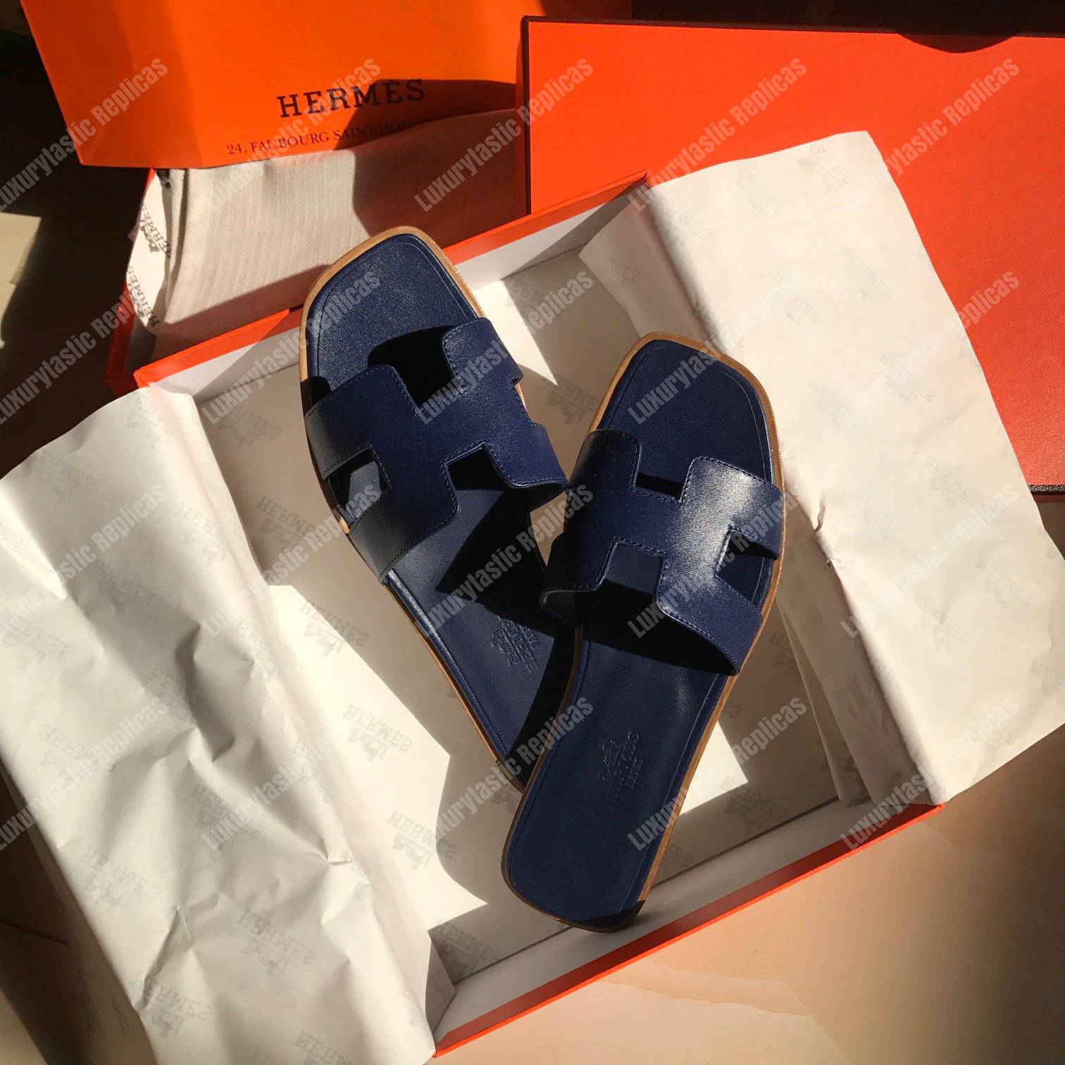 H**mes oran sandal calfskin leather marine blue