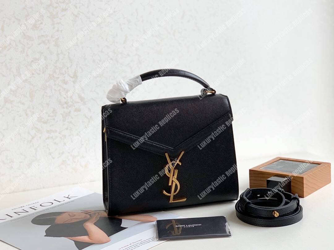 Saint Laurent Cassandra Mini Top Handle Bag In Grain De Poudre Embossed Leather Black