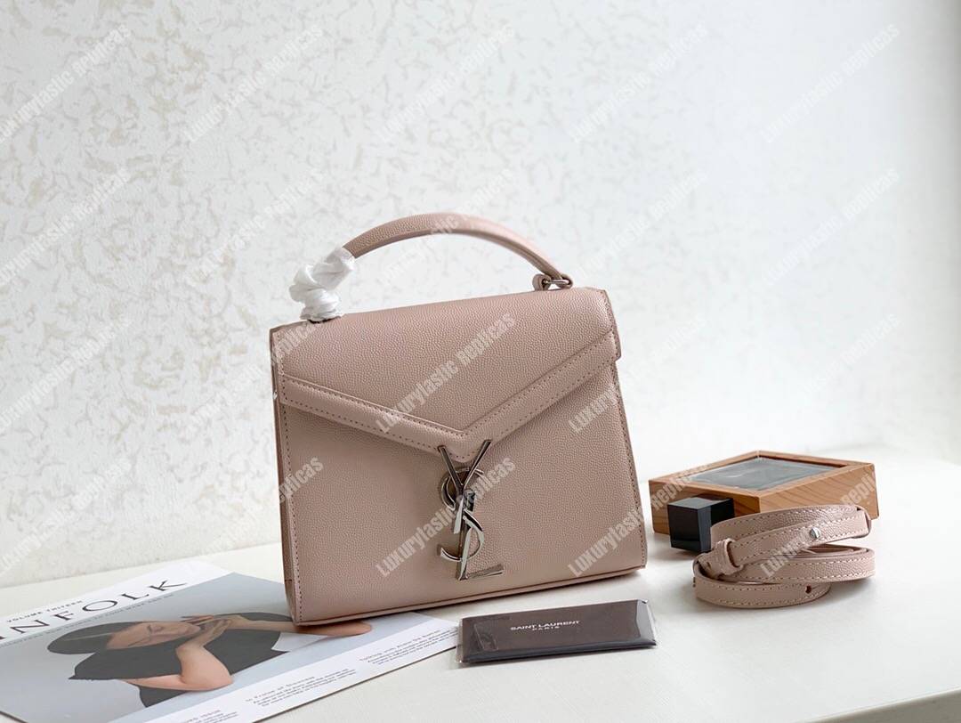 Saint Laurent Cassandra Mini Top Handle Bag In Grain De Poudre Embossed Leather Marble Pink