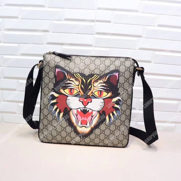 G*u*i angry cat print gg sup*e flat messenger bag