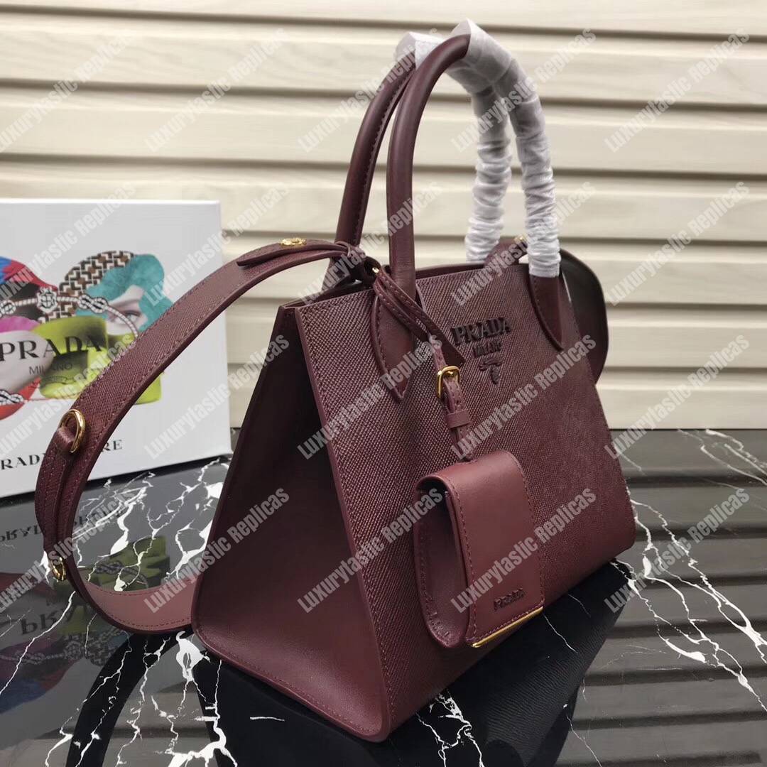 pra*a monoCh*0me saffiano leather bag brown