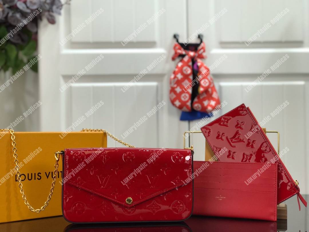 LV Pochette Felicie Monogram Vernis Leather Cerise