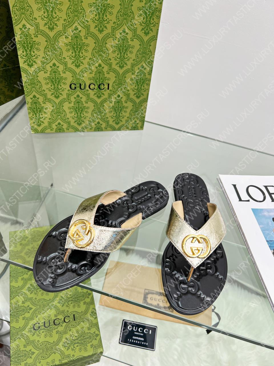 G*u*i gg thong web sandal golden and black 612138
