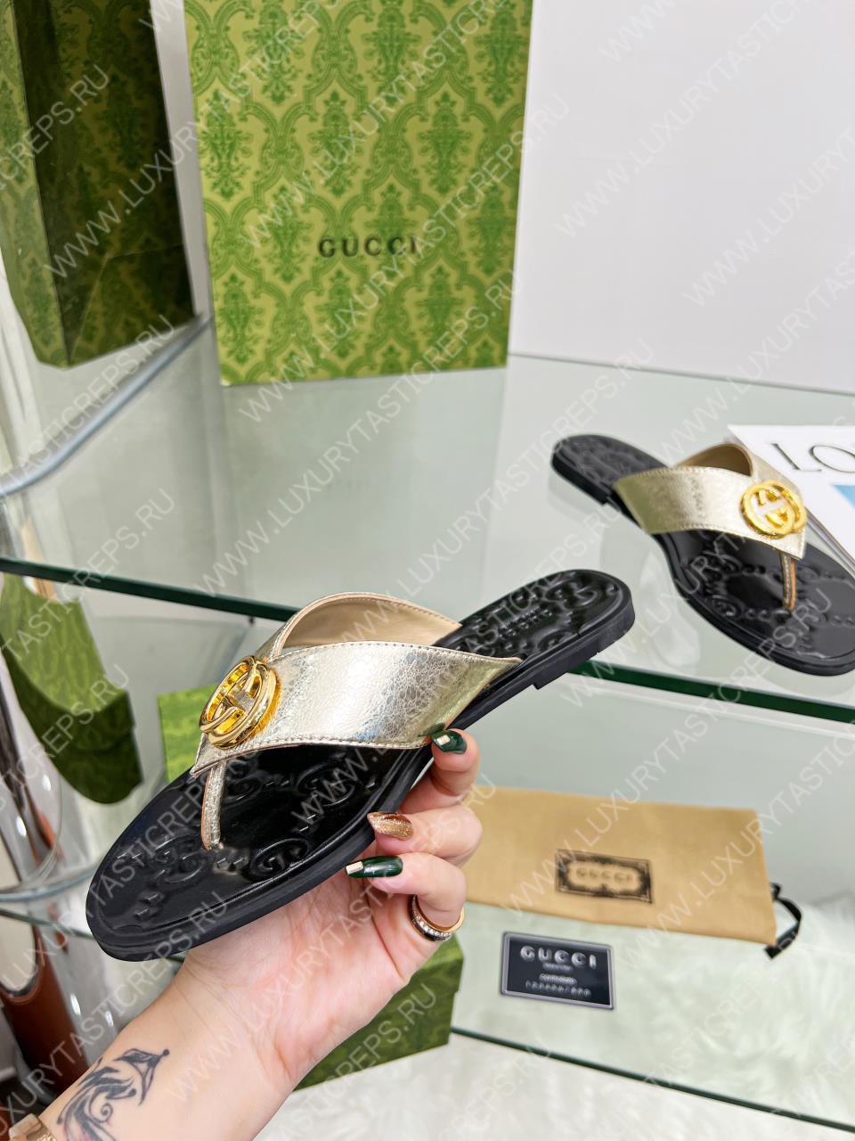 G*u*i gg thong web sandal golden and black 612138